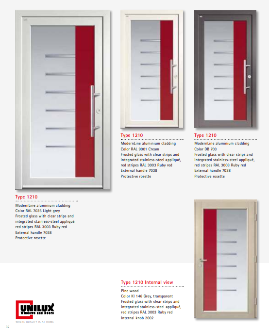 Type 1210 ModernLine – Frosted Strips, Red Appliqué ModernLine Aluminium Wood Door, Integrated Stainless Steel, Customizable Colors, High Performance Multi-Point Lock, European Build
